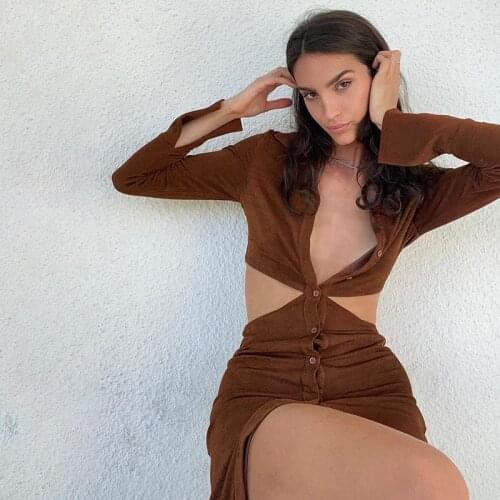 Sexy Bodycon Shirt Dress Women Summer Single Breasted Long Sleeve Casual Dress Party Club Outfits Mini Cut Out Dress Vestidos