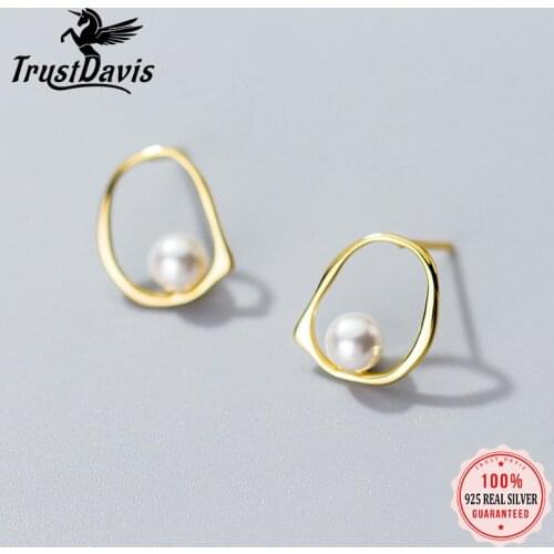Trusta 100% 925 Sterling Silver Jewelry Women Fashion Cute Hollow Ellipse Synthesis Pearl Stud Earrings For Girls Kids Lady DA07