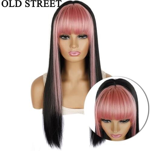 Synthetic Wigs with Bangs for Women Long Straight Heat Resistant Wig for Party Daily Use Black Mix Brown