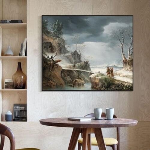 Nordic Canvas Painting Winter Landscape With Fishermen And Travellers Classic Wall Art Poster for Living Room Cuadros Home Decor