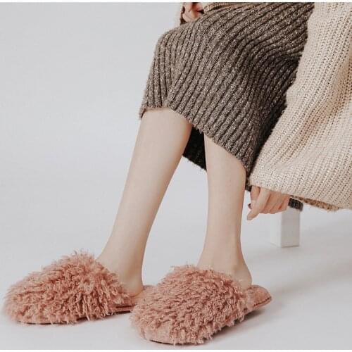 Ginchasio Women Slippers Autumn Winter Warm Plush Faux Fur Cozy Ruffles Pink Color Furry Non-slip Home Cotton Slippers