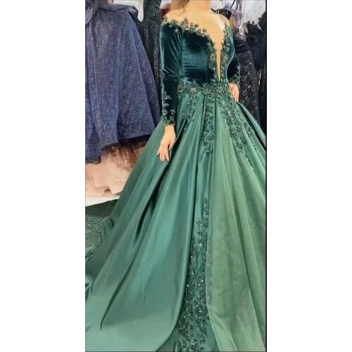 Dark Green Evening Dresses A Line Appliques Satin Long Sleeves Event Wear Party Gowns Custom Made Plus Size Available
