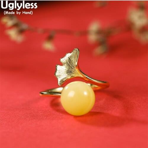 Uglyless Gold Ginkgo Leaf Rings for Women Natural Chicken Fat Amber Beeswax Rings Real 925 Silver Luxury Gemstones Jewelry Dress