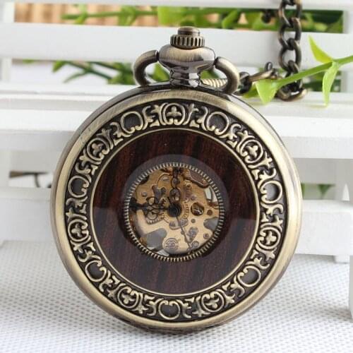 Vintage Wood Mechanical Pocket Watch Roman Numerals Creative Carving Flower Dial Wooden Watches Pendant Chain Women Men TJX011