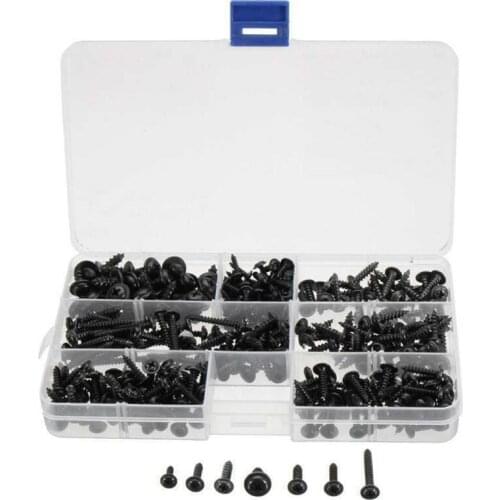 340pcs Eight Sizes Carbon Steel Tapping Screws Bolts Set Round Head Black Body Assortment Box Machine Fasteners