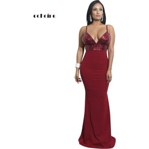 Women Long Party Dress Bright Sequin Sexy Spaghetti Strap V-Neck Backless Sheath Ladies Evening Vestido Prom Outfits Femme Robe