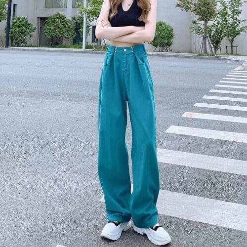 2021 Summer New High Waist Slim Simple Green Wide Leg Pants Loose Plus Size Casual Elastic Women Jeans Pants Tide Free Shipping