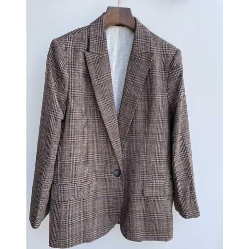 2022 FW Woman Striped Checked Blazer Single Button Long Sleeves Flap Pocket Fashion Plaid Suit High Quality
