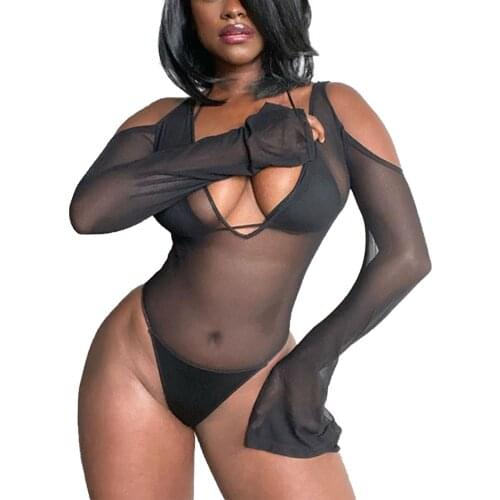 2021 Women Sexy Two-piece Clothes Set Deep V-neck Long Sleeve Off-the-shoulder Bodysuit and Underwear Black/ Khaki