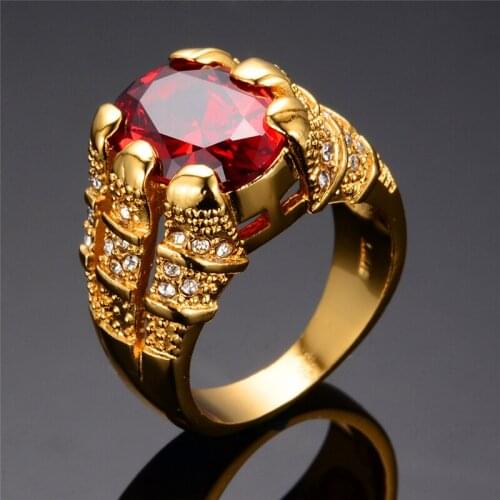 Charm Female Big Red Crystal Stone Ring Vintage Gold Color Wedding Rings For Women Luxury Round Zircon Engagement Ring