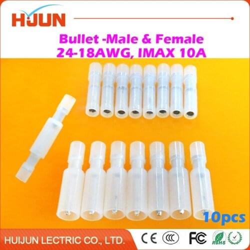 10pcs/lot Bullet-Male & Bullet-Female Quick Disconnect Cable Wire Splice Insulation Terminal Connector 0.5-0.75mm2 24-18AWG 10A