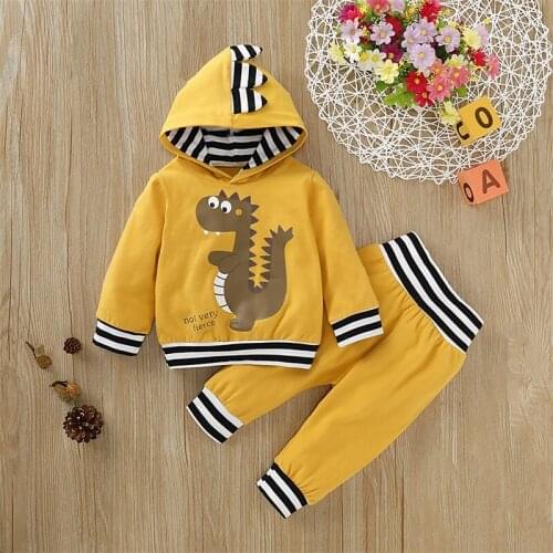 Children 2pcs Hooded Clothing Sets Cartoon Dinosaur Print Stripe Sweatshirt Pants Tracksuits
