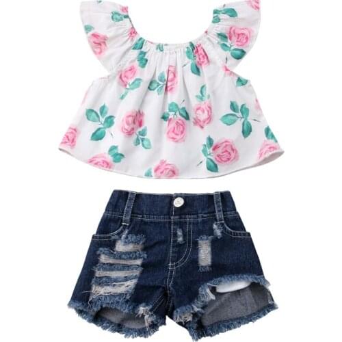 New Fashion Lovely 2pcs Toddler Baby Girl Clothes Off Shoulder Flower Top Denim Shorts Kids Outfits