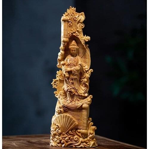 23cm Guanyin Bodhisattva Ruyi Guanyin estatua de Buda tallada en madera sólida escultura de madera artesanía de muebles para el