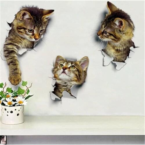 3D Cat Wall Sticker Bathroom Toilet Sticker Wall Decals Waterproof Window Refrigerator Sticker Wallpaper Kids Room Decoration