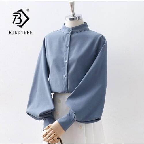Autumn New Women Vintage Big Lantern Sleeve Blouse For Female Stand Collar Button Up Elegant White Shirt Fall Winter Tops