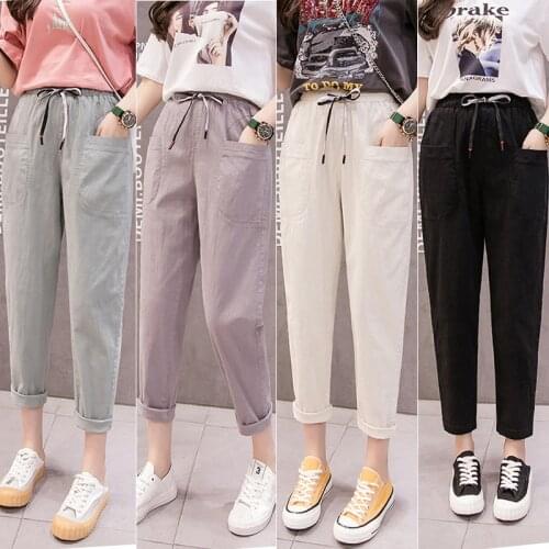 Plus size cotton and linen nine-point pants womens plus size summer new high-waist strap casual pants drawstring harem pants