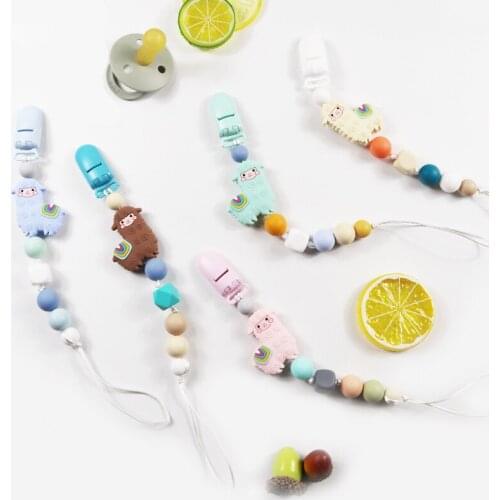 Baby Pacifier Clip Chain Silicone Beads Cartoon Alpaca Dummy Holder Soother Nipple Holder for Infant Nipple Bottle Clip Chain