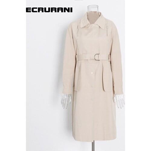 ECRURANI Patchwork Elegant Coats For Women Lapel Collar Long Sleeve High Waist Casual Trench Females Fashion Clothing 2021 Style