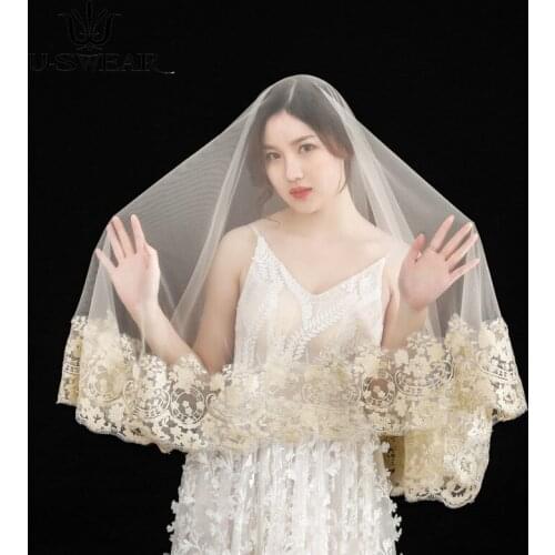 High Quality Champagne Luxury Single Layer Extra Long Big Lace Appliqued Bridal Veil Bride Velo De Novia Wedding Accessorie