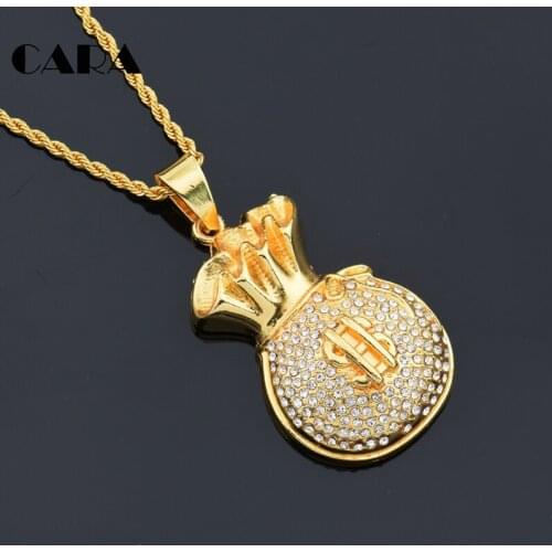 CARA Pave Set Glitter Cash USD Money Bag Necklace Golden Iced Out Lucky money Bag Necklace HipHop Statement Necklace CAGF0125