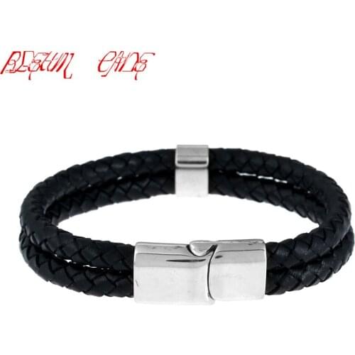 Leather bracelet Genuine cow skin Double Titanium Stainless steel button Braid bangle Trendy Men jewelry gifts for men