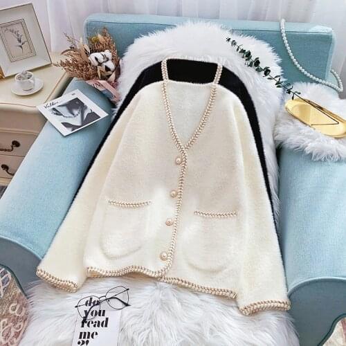 2021 New Mink Cashmere Loose Sweater Cardigan Jacket Women Autumn And Winter Short Bright Silk Stripe Thickened Knitted Top Coat