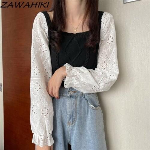 ZAWAHIKI Autumn Korean Knit Pullover All-match Slim Solid Stitching Embroidery Hollow Out Long Puff Sleeve Chic Square Neck Tops
