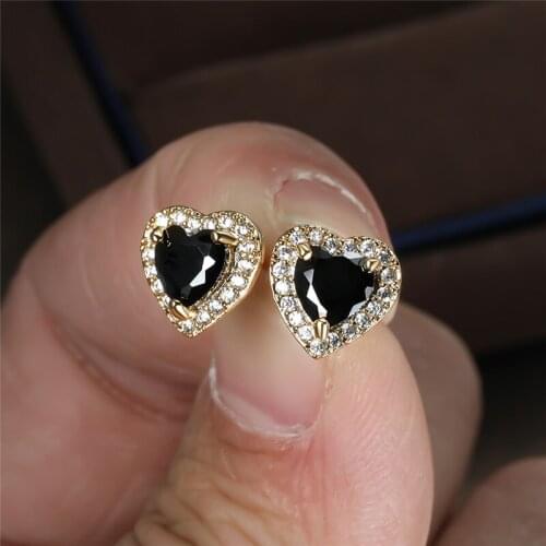 Cute Heart Stud Earrings Vintage Black Stone Earrings For Women Wedding Jewelry Antique Yellow/Black Gold Crystal Zircon Earring