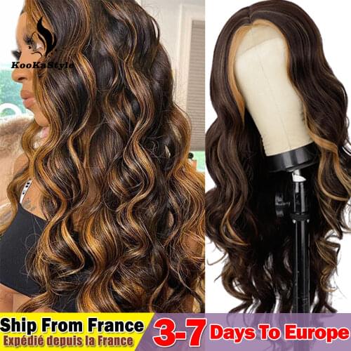 Kookastyle Synthetic Highlight Wigs Long Body Wave Wigs for Black Women Natural Black/Orange Cosplay Wig Heat Resistant Fiber
