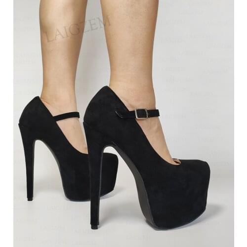 LAIGZEM Women Platform Pumps Round Toe Mary Janes Thin High Heels Faux Suede Handmade Sandals Shoes Woman Large Size 41 44 50 52
