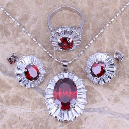 Red Garnet White CZ Silver Plated Jewelry Sets Earrings Pendant Ring Size 6 / 7 / 8 / 9 / 10 S0052