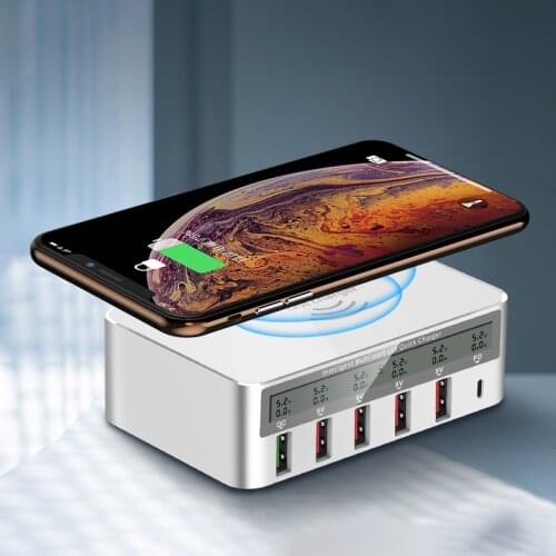 QC 3.0 USB Charger Wireless Charger Adapter pd Ports Smart Charging Multi-Port Travel Charger LCD Digital Display Station