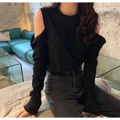Womens T-shirt long-sleeved Loose solid color ladies student shoulder bottoming top