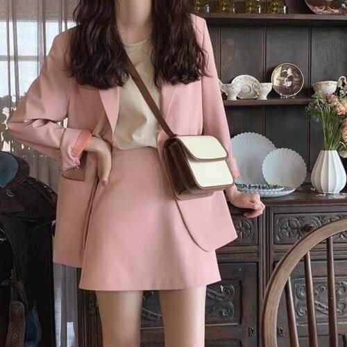 2021 Women Autumn Blazer Two Piece Set Elegant Single Breasted Suits Jacket Coat with High Waist Short Skirts