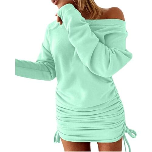 2021 Womens Fashion Pullover Off Shoulder Solid Color Drawstring Ruched Long Sleeve Plus Size Hoodies Dress Mini Dress Vestido