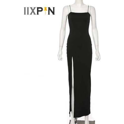 Womens Spaghetti Strap Dress Sexy Split Solid Slim Dress for Women Lady Ankle Length Vintage Wear Femme Evening Bodycon Dresses