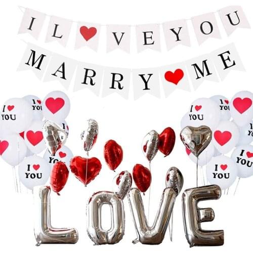 1set I LOVE YOU MARRY ME Banner Buntting I Love you Balloon for Valentines Day Party Supplies Heart Shaped Red silve LOVE Ball