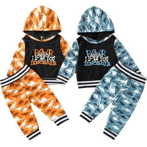 New 2 Pcs Color Block Outfits, Baby Dinosaur & Letter Print Long Sleeve Hooded Pullover + Trousers
