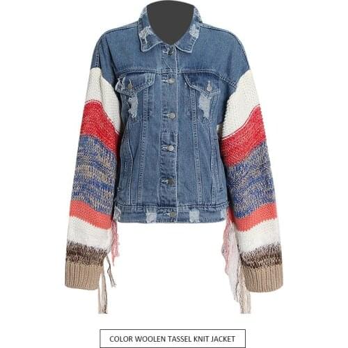 Free Shipping 2021 Autumn Winter Designer Fashion Women Denim Jackets Casual Loose Vintage Denim And Knitted Patchwork Jacket
