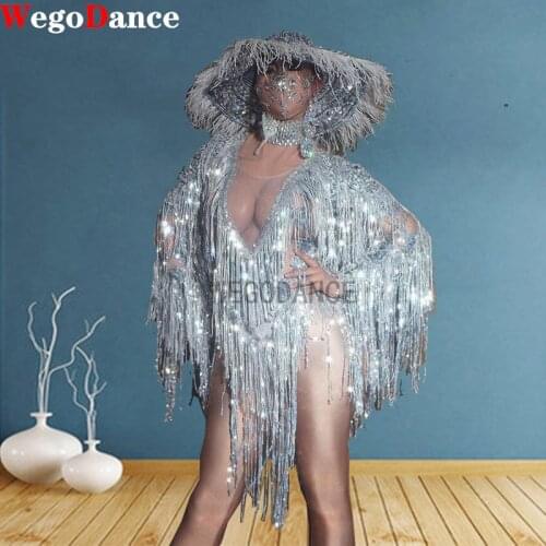 Sparkly Silver Sequin Fringe Elasticity Bodysuit Birthday Celebrate Outfit Women Dancer DS Show Prom Party Bar Wear