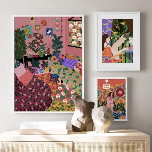 Boho Abstract Colorful Girl Read Flower Plant Wall Art Print Canvas Painting Vintage Nordic Poster Decor Picture For Living Room