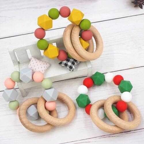 Chenkai 10PCS Wooden Silicone Teether Ring Toys Chewable Animal Shape Products Nursing Gift Accessory BPA Free