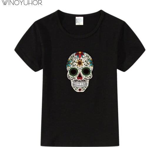 Mexican Flower Skull Print Kids T Shirt Summer Casual Cotton Top Tee For Boys Girls Hipster Hip Hop Cool Clothing