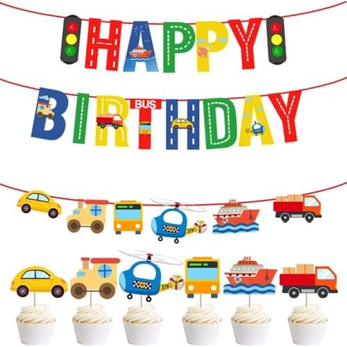 Traffic Airplane Car Banner Happy Birthday Banner Birthday Decorations Childrens Birthday Traffic Banner Cake Topepr Set