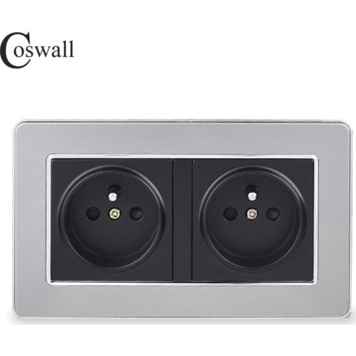COSWALL 16A Double French Standard Wall Socket Luxury Power Outlet Stainless Steel Brushed Silver Panel AC 110~250V