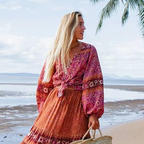 Happie Floral Printed Shirts Women Long Sleeve V-neck Rayon Boho Blouse Tops Ladies Vintage Chic Bohemian Blouses Femme Blusas