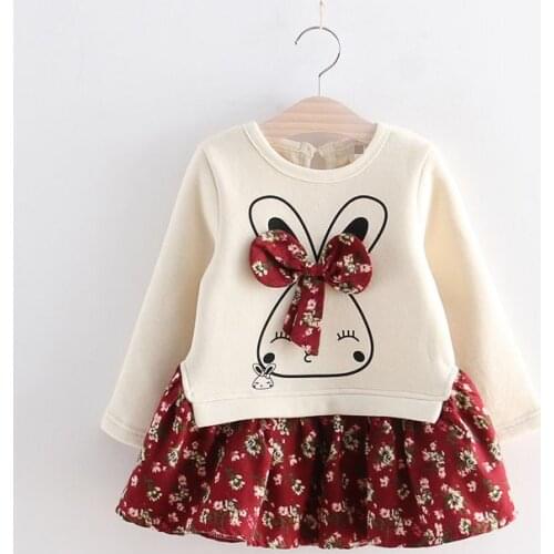 Belababy Autumn Cartoon Cute Bunny Rabbit Dress Floral Bow Long Sleeve Girl Dresses Cotton Patchwork Girls Clothing Kids Clothes