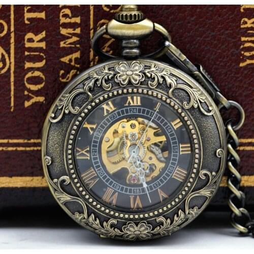 Steampunk Pocket Watch Mechanical Pocket Watches Flip Clock Necklace Retro Skeleton Vintage Pocket Fob Chain Dropshipping PJX052
