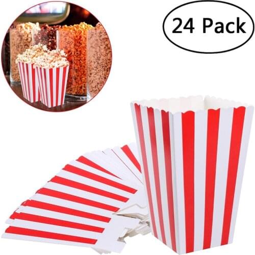 24pcs Red Stripe Popcorn Boxes Candy Box Holder Containers Cartons Paper Bags For Movie Theater Dessert Tables Wedding Favors